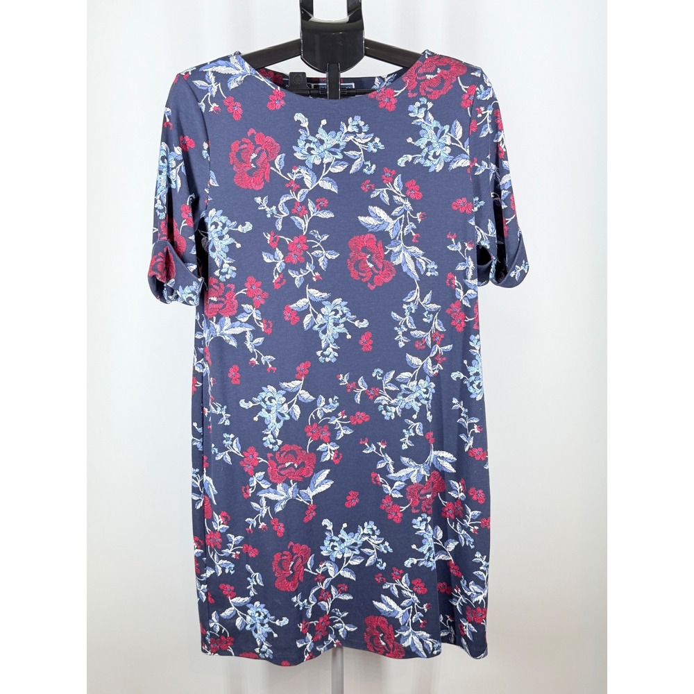 Karen Scott Sport Navy Blue Floral Short Sleeve Shift Dress Womens Large